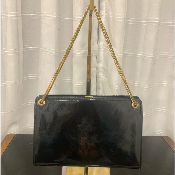 SAKS FIFTH AVENUE Vintage Patent Leather Box Handbag with Gold Chain - Picture 10 of 11